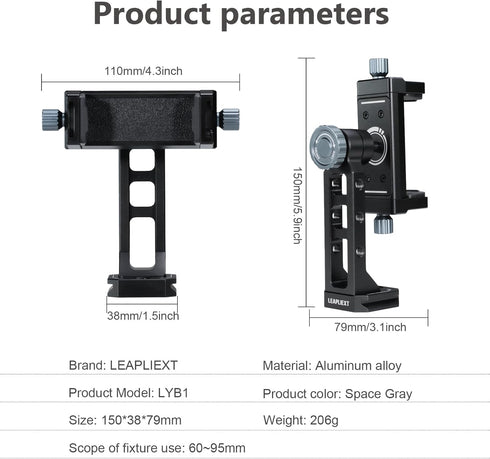 LEAPLIEXT 360 1/4" 3/8" 16/15/14/13, Metal Phone Holder for Tripod - Rotation with Arca Swiss Quick Release, & Thread