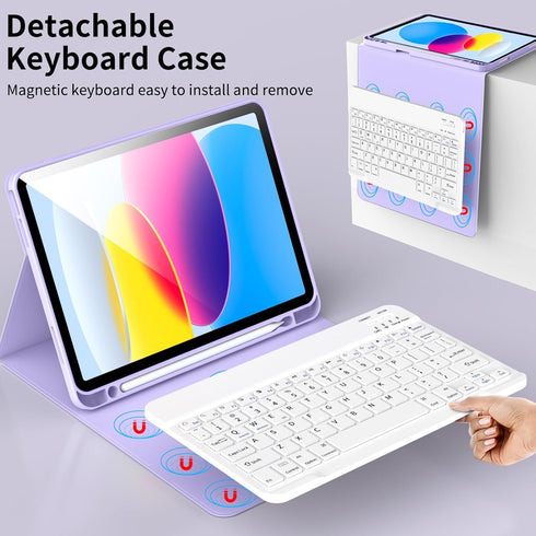 Keyboard Case for iPad 10th Generation 10.9 Inch 2022, Wireless Bluetooth with Built-in Pencil Holder, Purple