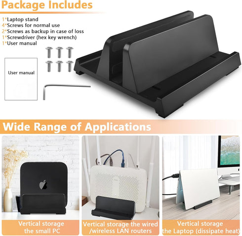 Vertical Laptop Stand Holder, ABS Organizer with Adjustable Dock for PC up to 17.3 inches, MacBook, Phone, Black