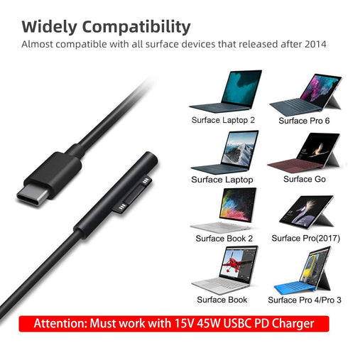 10ft USB-C Charging Cable for Microsoft Surface Pro 7, Go 2, Pro 6, 5/4/3, Laptop 1/2/3 & Book, Black, 45W Compatible.