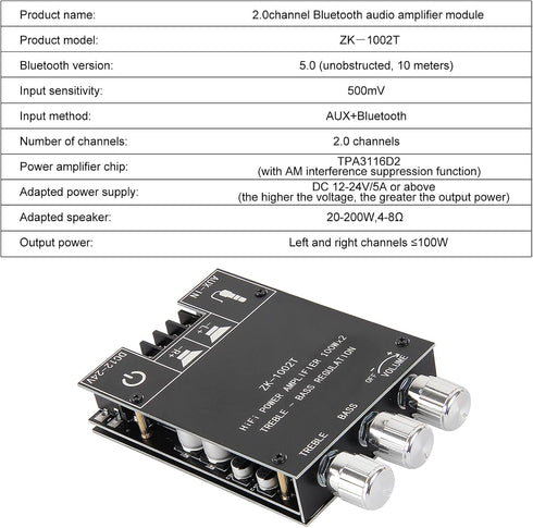 AITRIP 2PCS ZK-1002T 2.0CH 100W*2 9-24V Bluetooth Amplifier Board Mini Audio AMP with Treble and Bass Control, BT