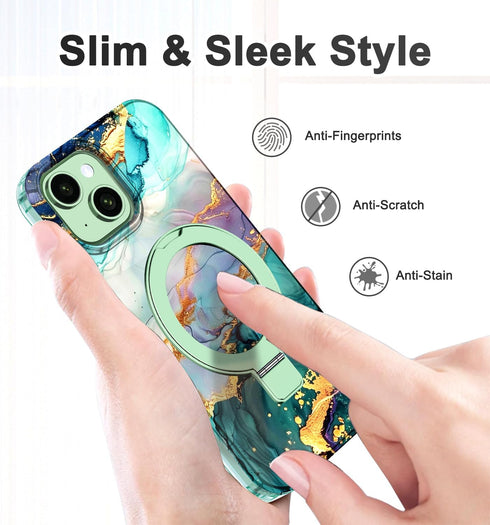 Lamcase iPhone 13/14 Case, Magnetic Invisible Ring Stand, Rugged Slim Shockproof Marble Design, Dark Green