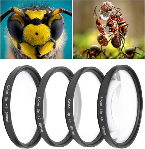 Macro Close Up Lens Filter Kit 58mm for Cameras with +1 +2 +4 +10 Optical Glass