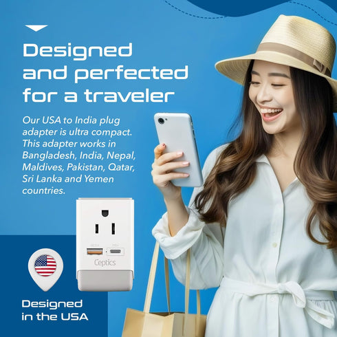 Ceptics US to India Plug Adapter, Type D QC 3.0 & PD, Safe USB Fast Charging for Pakistan Nepal Sri Lanka