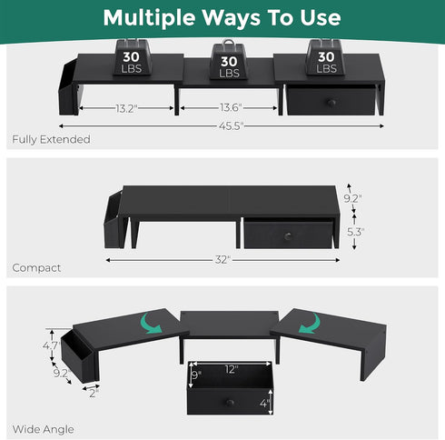 VERSASKY Dual Monitor Stand Riser, Adjustable Length & Swivel Angle Monitor Stand, Ergonomic Monitor Stand with Drawer