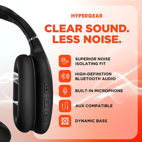 HyperGear Vibe Bluetooth Wireless Headphones, Over-Ear with Noise Isolating Fit, Built-in Mic, Memory Foam Ear Cups