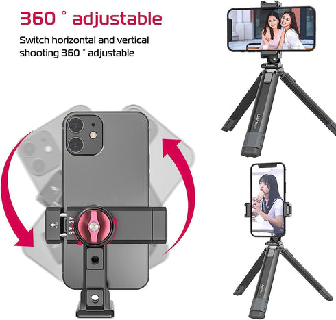 Metal Phone Tripod Mount with 3 Cold Shoes & Arca Port, 360° Smartphone Tripod Adapter for iPhone Samsung Cell Phone
