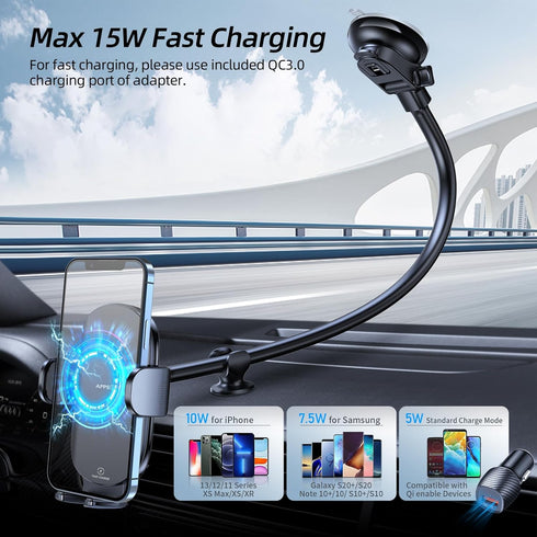 APPS2Car Wireless Car Charger 15W Fast Charging Car Phone Holder, Wireless Car Charger Mount for Dashboard, Windshield,