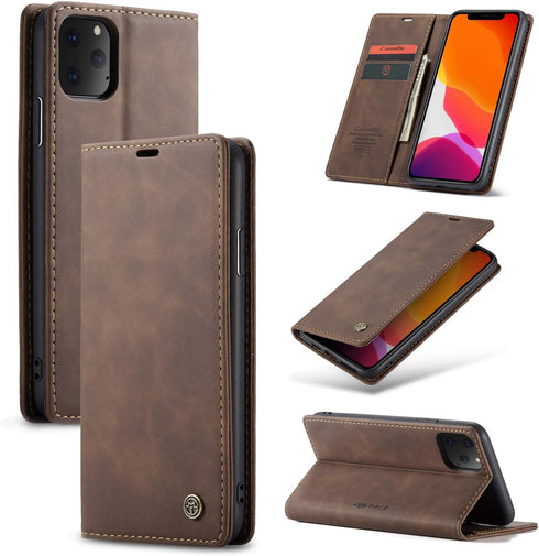 SINIANL iPhone 11 Pro Max Leather Case - Folding Flip Case with Kickstand, Credit Card Slot, Magnetic Closure - Coffee