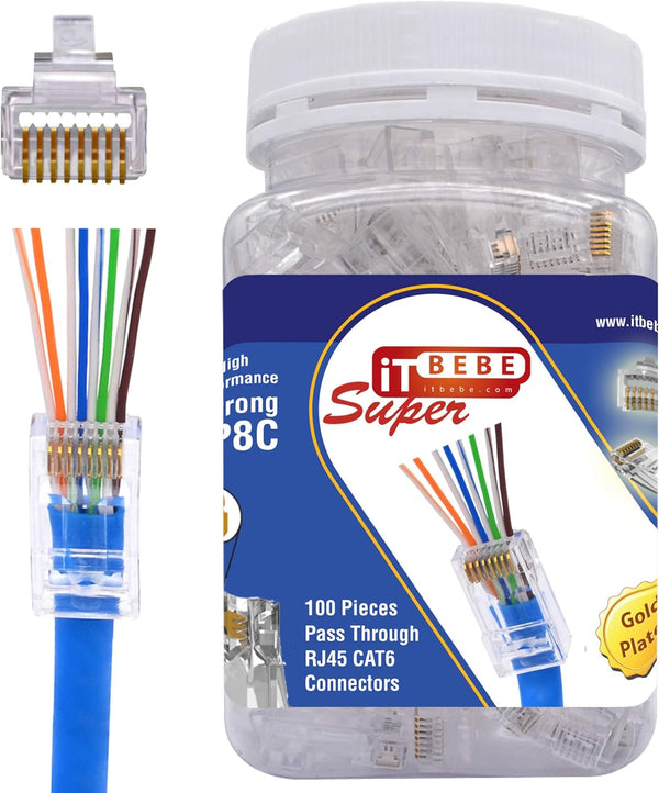 ITBEBE 100-Pack High Performance RJ45 Cat6 Pass Through Connectors for 24 AWG Ethernet Cable
