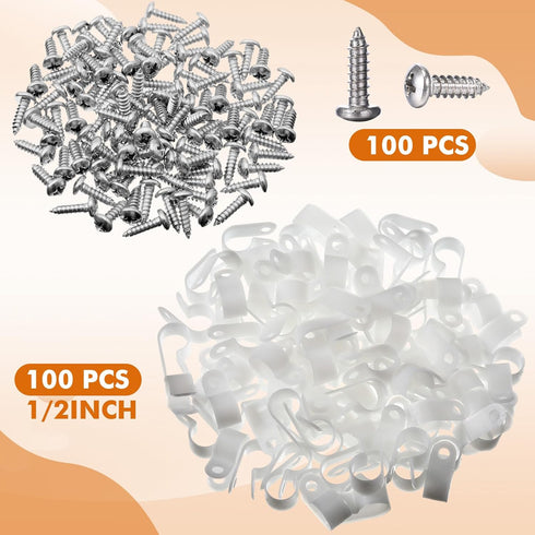 Hicarer 100 Pack R-type Clip Cable Fastener Wire Clamp, Nylon Screw Mounting Electrical Grip Clips with 100 Screws