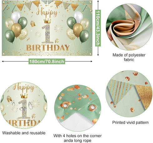 Happy 1st Birthday Banner Sage Green Gold,BTZO 1st Birthday Backdrop for Newborn Boys Girls First Birthday Decorations 1st Birthday Baby Shower Party Banner,180×110cm