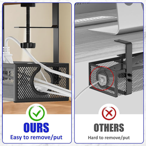 REFLYING Under Desk Cable Management Tray, Black Metal Long Arms, No Drill Mesh Desk Cable Tray for Office Organization