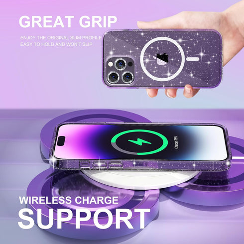 Choiche Magnetic Case for iPhone 14 Pro Max, Women Clear Glitter Bling Case, Compatible MagSafe