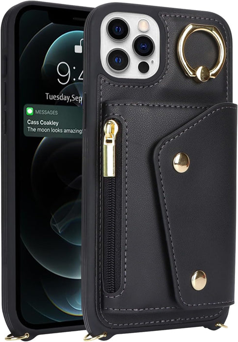 iPhone 12/12 Pro Case with Card Holder and Strap, Zipper Pocket, Crossbody Lanyard, Cute Wallet Case for Women (Black,