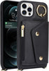iPhone 12/12 Pro Case with Card Holder and Strap, Zipper Pocket, Crossbody Lanyard, Cute Wallet Case for Women (Black,