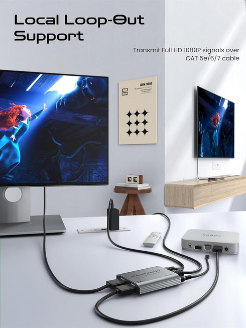 ByteWave 1080P@60Hz, Cat5e/6/7 50m/164ft, 1.3 HDMI Extender HDMI Over Ethernet Cable up to Loop-Out, PoC, IR Control