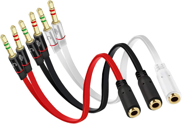D & K Exclusives Headphone Splitter for Computer, 3-Pack Audio/Mic Y Splitter Cable, Black, Red, White