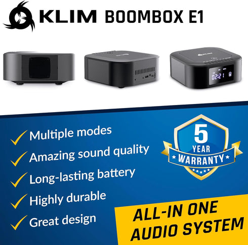 KLIM E1 MP3 Boombox - CD Player Portable Audio System + Extra BASS with Subwoofer + FM Radio, CD Bluetooth AUX USB +