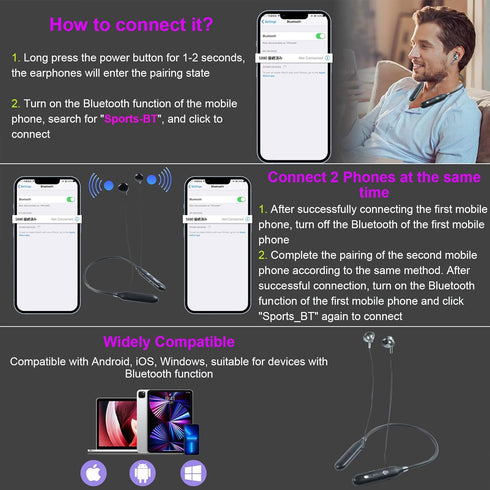 Wireless Bluetooth Neckband Headphone, Ergonomic Hanging Neck Magnetic Attraction Earphone with TF Port, Sports Foldable Headset with Voice Control, 3.5mm Audio Output Port
