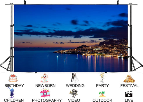 UPXIO 10x7ft Coastal City Night Lights Backdrop Funchal Harbor Reflection Scenery Photo Background Tapestry