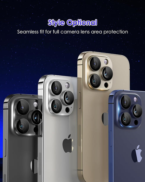 iPhone 15 Pro Max Camera Lens Protector - Full Coverage Metal, 9H Tempered Glass, Case Friendly, Titanium Black.
