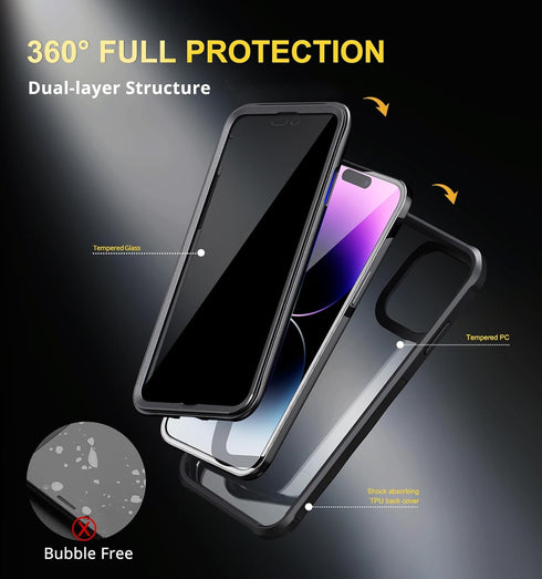 iPhone 14 Pro Max Privacy Case - Anti Peep, 9H Glass Screen Protector, Full Body Protection, MagSafe & Wireless Charger