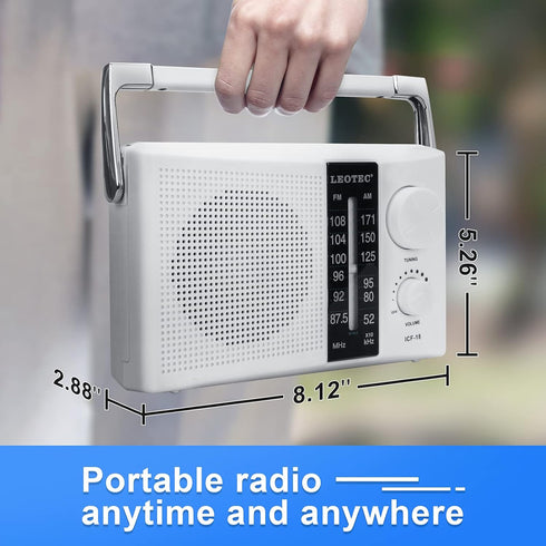 LEOTEC AM FM Radio Transistor Radio, Battery or AC Powered, Excellent Reception, Large Speakers, White