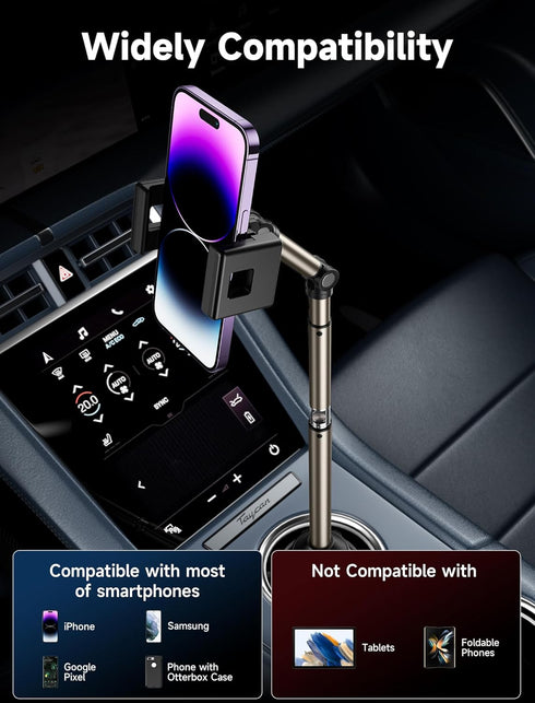 JSAUX Car Cup Holder Phone Mount, Metal Long-Arm Ultra Stable Holder for Car Cupholders, Adjustable for iPhone 16 15