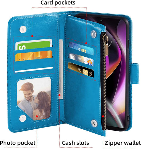 Asuwish Wallet Case for Motorola Moto G 5G 2022 - Blue Flower Leather Flip with Tempered Glass Screen Protector,