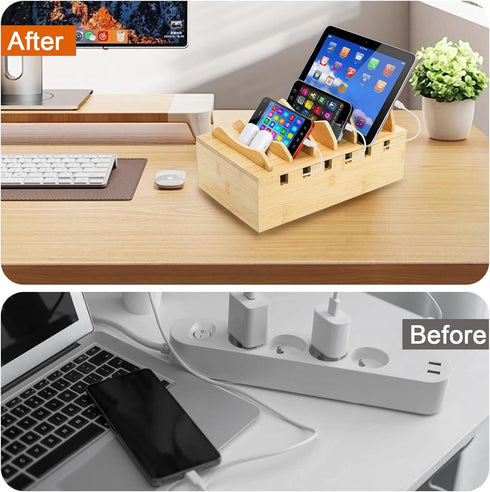 WRINGKIT 6 Bamboo Charging Station for Multiple Devices, Desktop Charging Organizer with Removable Divider Slots