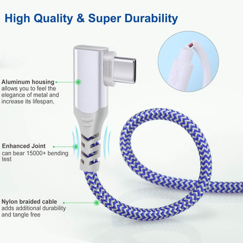 Pofesun USB C Cable Fast Charging 3-Pack 10ft Nylon Braided Right Angle USB A to USB C Charger for Samsung Galaxy