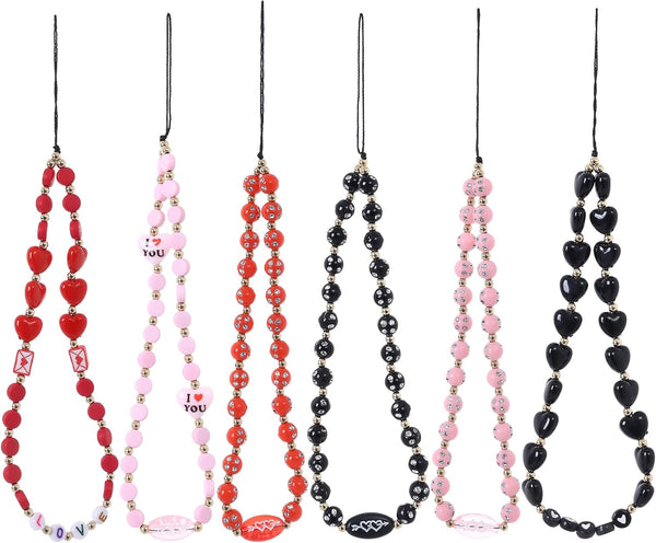 Taouzi 6PCS Beaded Phone Lanyard Wrist Strap, Fruit Star Pearl Rainbow Color Phone Chain for Women Girls