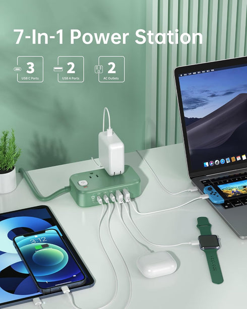 VPSUN 65W 7-in-1 2 3 2 5FT Travel Power Strip, Fast USB Charging Station Max USB Charger with Outlets USB C & USB A
