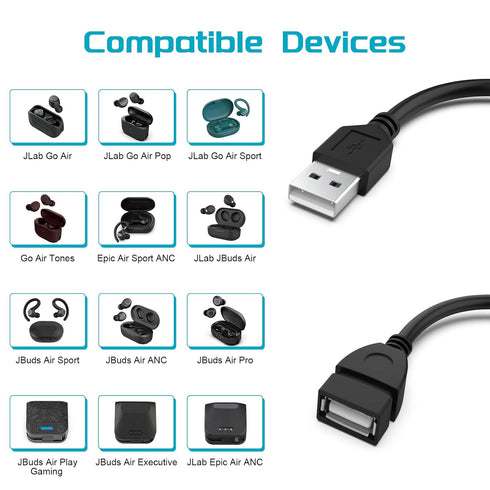 USB Extension Charger Cable Compatible with JLab Go Air Pop/Sport, JLab Epic Air ANC/Sport ANC, JLab JBuds Air/Sport/Executive/ANC/Play Gaming/Pro Wireless Bluetooth Earbuds Charging Case 5ft