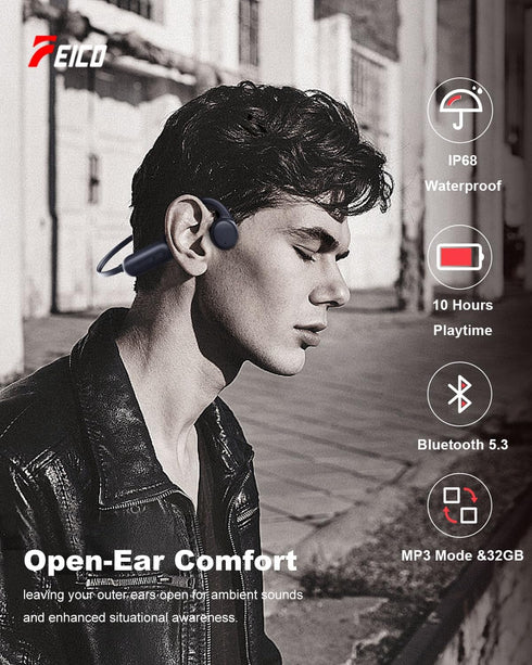 MP3 32GB Headset, IP68 5.3 Swimming, FEICO Bone Conduction Headphones with Built-in Sports Waterproof, Bluetooth
