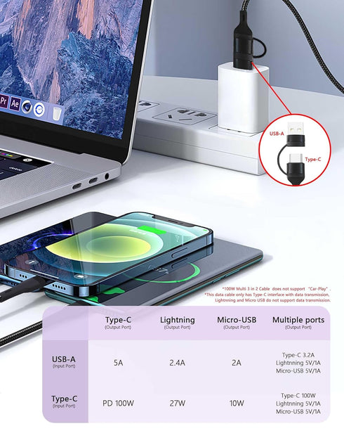 100W Multi 3 in 2 Fast Charging Cable 10FT, Black Long Nylon Braided, USB A/C to USB-C Lightning Micro Connectors for