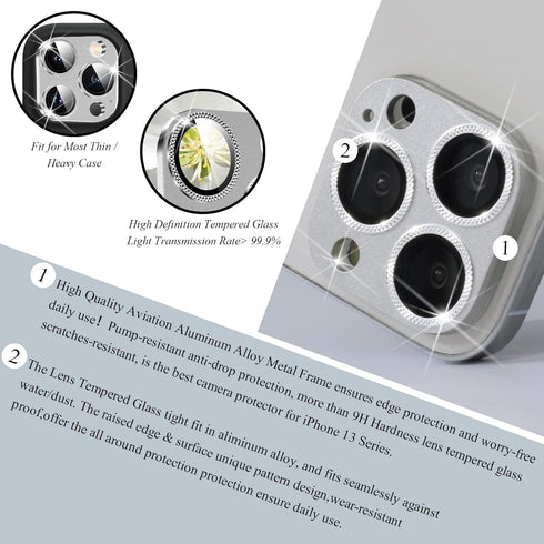 2 Pack Camera Lens Protector for iPhone 13 Pro/Max, Aluminum Alloy Metal & 9H Tempered Glass