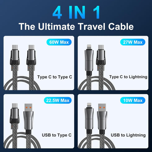 4 in 1 Multi Charging Cable, PD 60W Fast Charging USB C Multi Charger Cable, Zinc Alloy Flat Braided with Velco Strap Charging Cords for Multiple Devices, MacBook/iPhone/Android-3.3ft