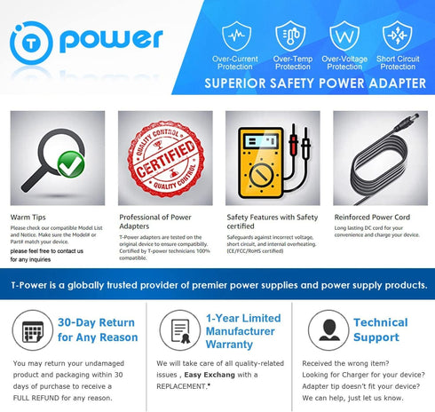 T POWER Battery Charger for Bluetti Portable Power Station, DC7909 T200S-252A800-00, AC/DC Adapter