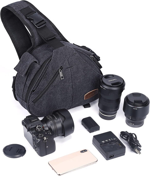 S-ZONE Canvas Camera Sling Bag, Anti-theft Backpack Shoulder Crossbody Case with Tripod Holder for DSLR