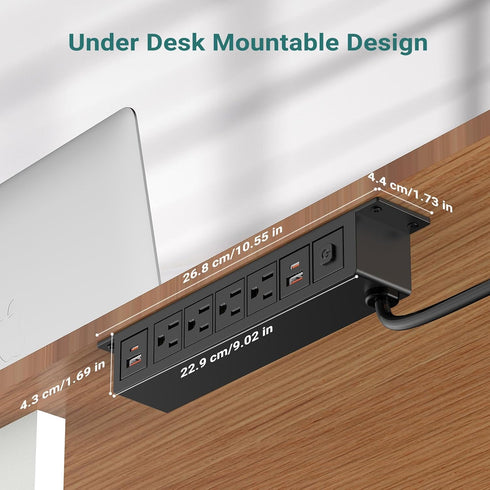 Under Desk Power Strip with PD 20W USB C, QBA 8-in-1 Desk Outlet Station, 4 AC Outlets, 6FT Cable (Black)