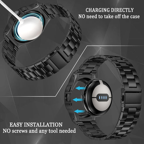 MioHHR Compatible for Google Pixel Watch 3 41mm / Pixel Watch 2, Stainless Steel Case with Wristband Strap, Black