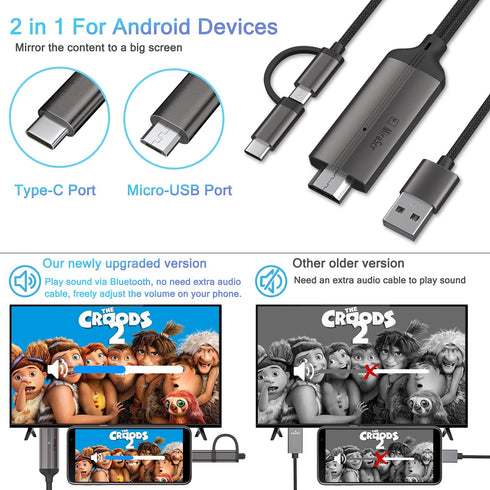 KAMING 2-in-1 USB Type C/Micro USB Android Phone to TV HDMI Cable, MHL to HDMI Adapter 1080P HD