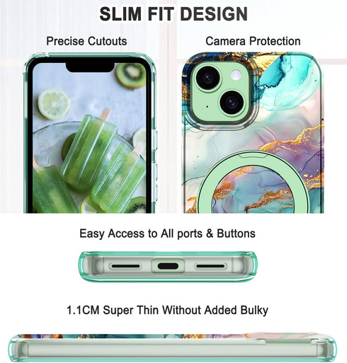 Lamcase iPhone 13/14 Case, Magnetic Invisible Ring Stand, Rugged Slim Shockproof Marble Design, Dark Green