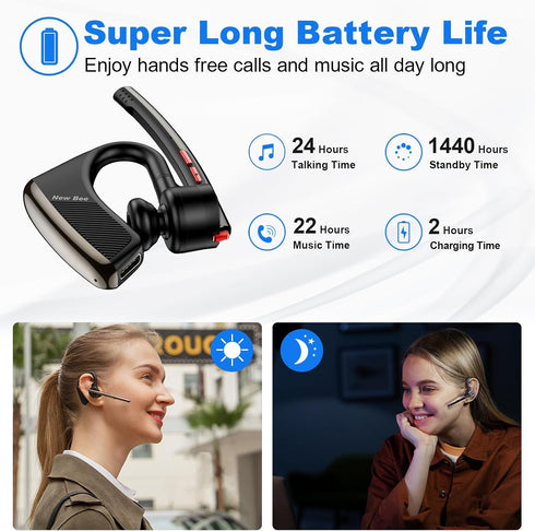 New bee Bluetooth Earpiece V5.2 Wireless Headset with 24Hrs Talktime, CVC8.0 Dual Mic Noise Cancelling for