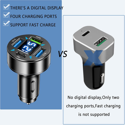 Fast Car Charger, 4 Ports Cigarette Lighter USB Charger with LED Voltmeter, PD3.1/Super Port Car Charger Adapter for