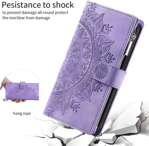 Samsung Galaxy S24 Ultra 5G Wallet Case with Mandala Flower, Tempered Glass Protector, Zipper Card Holder, Wrist Strap