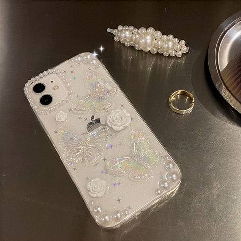 Fycyko 3D Butterfly Floral Clear Phone Case for iPhone 7/8/SE - Cute, Sparkly, Protective Cover with Chain for Girls.