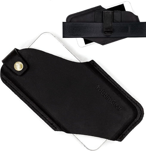 TobbinGear Left Handed Leather Cell Phone Holster with Belt Clip, Universal Leather Phone Case on Belt